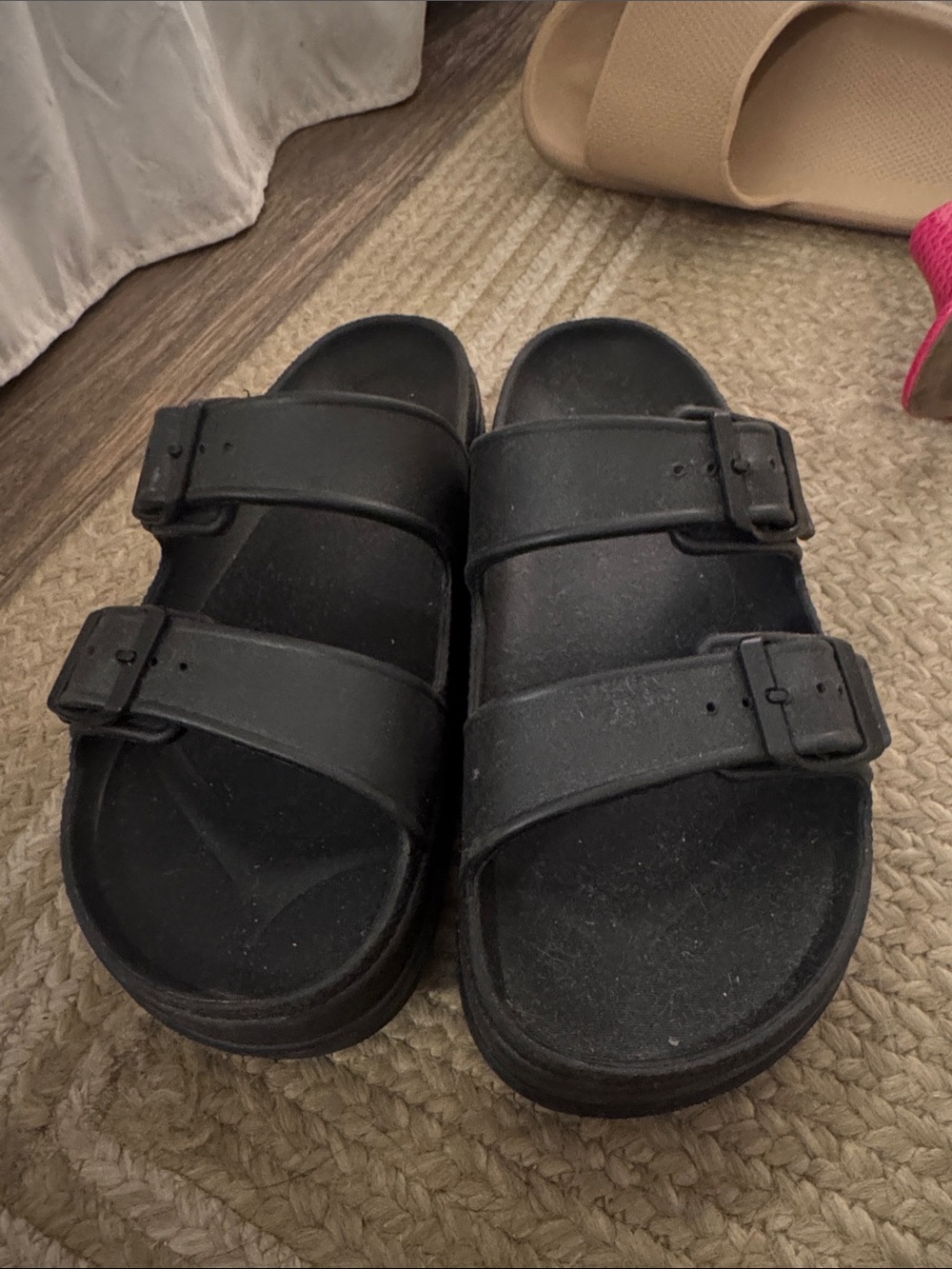 Black Double Buckle Slide Sandals